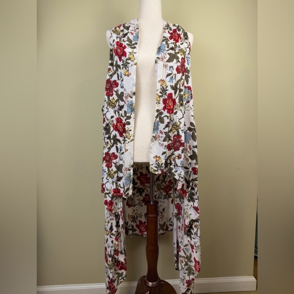Red floral asymmetrical wrap long waterfall cardigan one size preowned